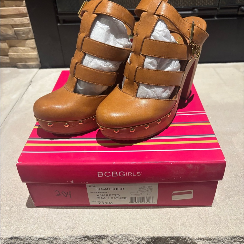 BCBGirls Tan Mules with Chunky Platform and Cage Design